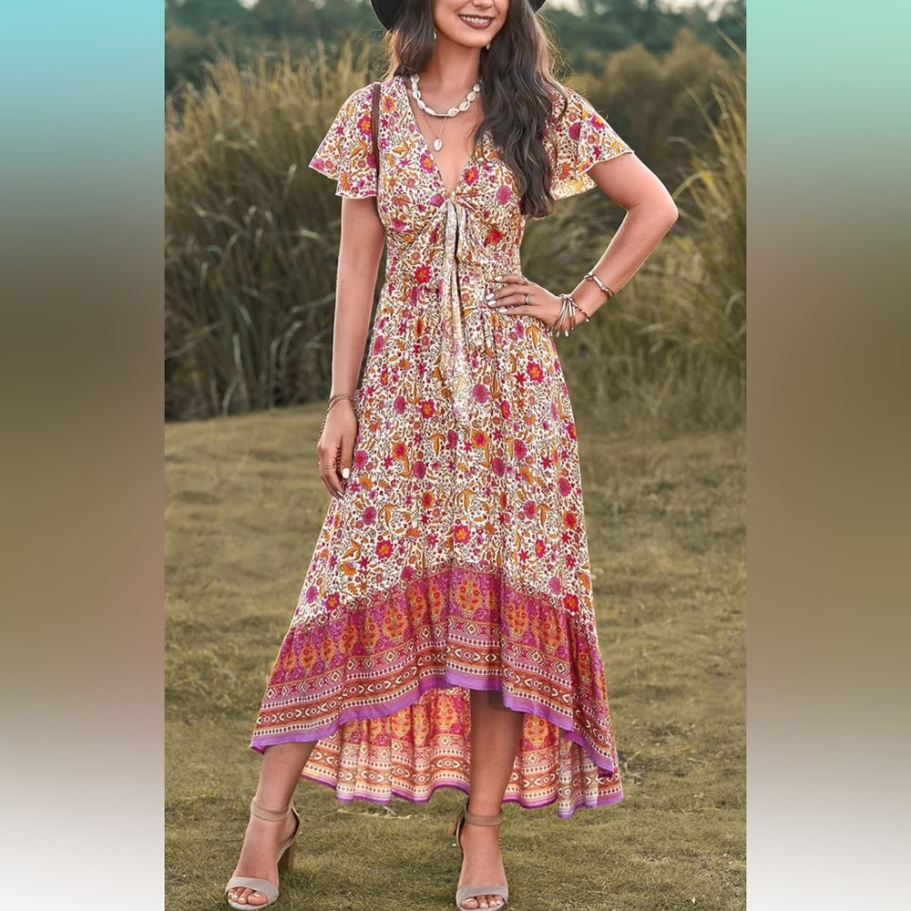 PRETTYGARDEN Deep V Neck Bohemian Floral Short Sleeve Casual Party Beach Maxi